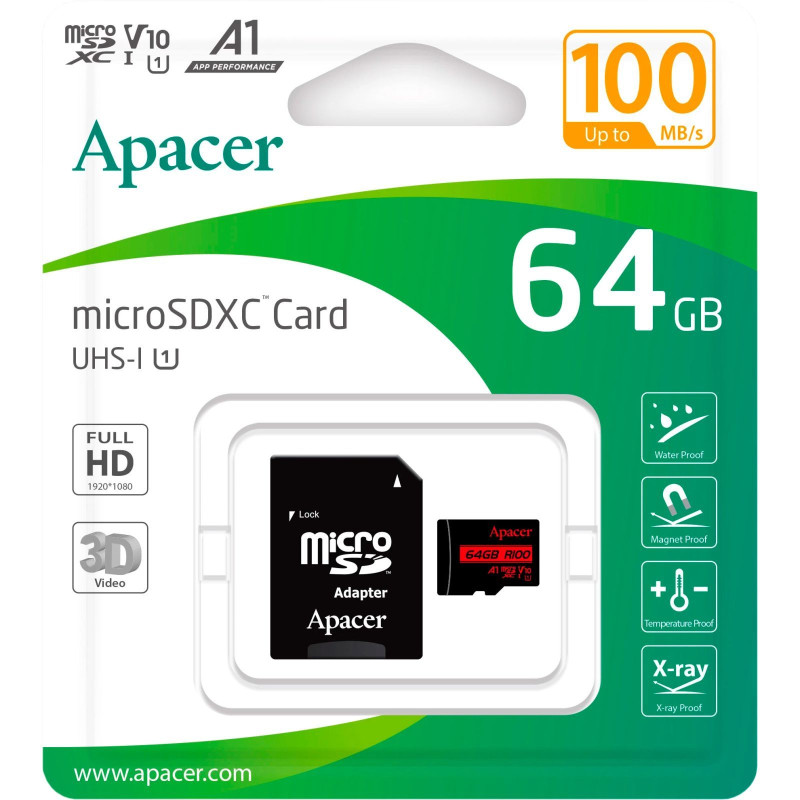 Карта памяти Apacer MicroSDHC 64GB UHS-I Class 10 + SD adapter (AP64GMCSX10UB-R)