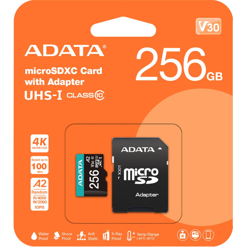 Карта пам'яті ADATA 256GB microSD class 10 UHS-I U3 V30 A2 Premier Pro SD 6.0 (AUSDX256GUI3V30SA2-RA1)