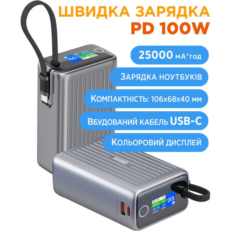 УМБ Sigma X-power SI25A5QLX 25000mAh 100W Built-In USB-C Cable gray
