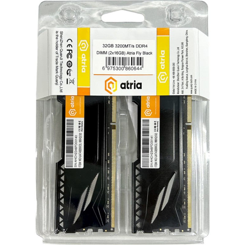 Модуль памяти Atria DDR4 32GB 2x16GB 3200MHz Fly Black (UAT43200CL18BK2/32)